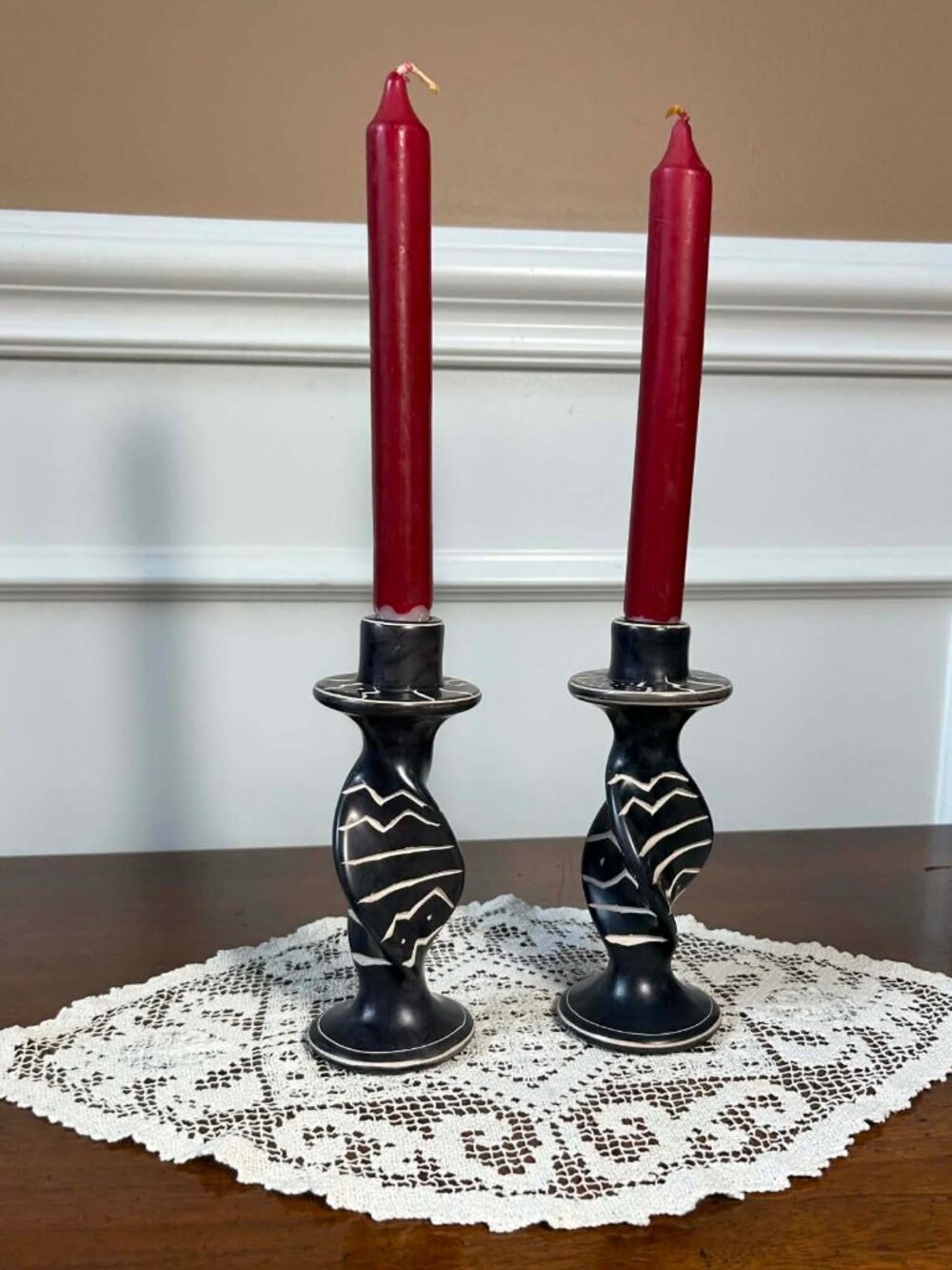 Pair of Vintage Kenyan Carved Soapstone Twisted Candlestick Holders 6.25”